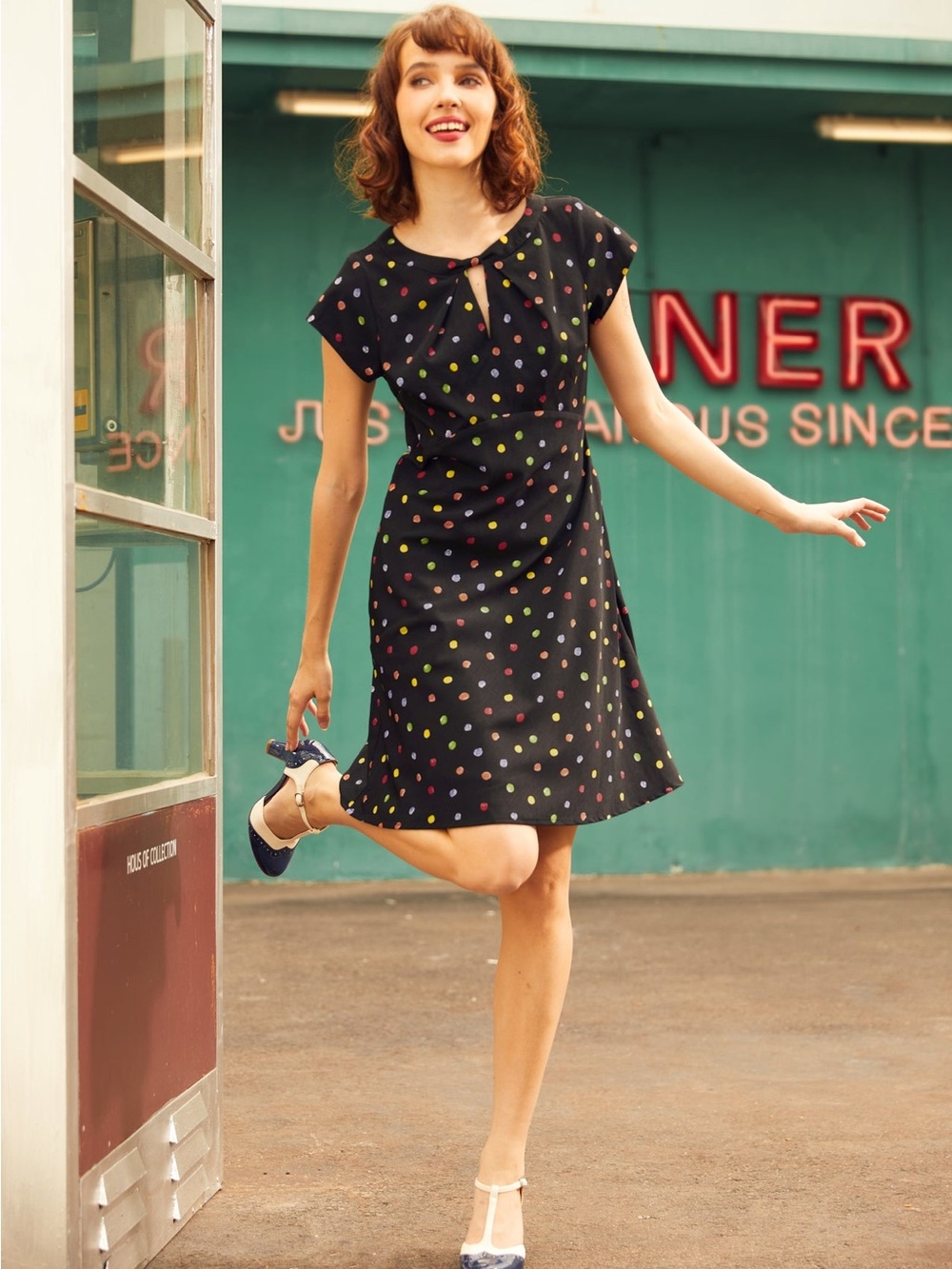 ModCloth The Dot Dot Diner Dress Black Polka Dot Keyhole Mini Dress